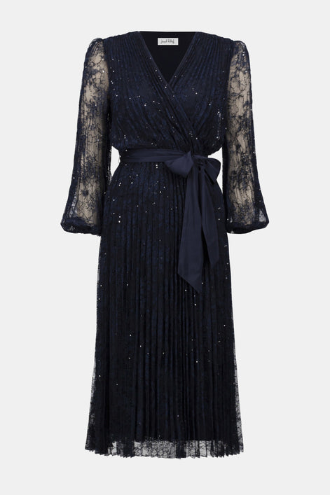 Sequined Pleated Lace Fit and Flare Dress