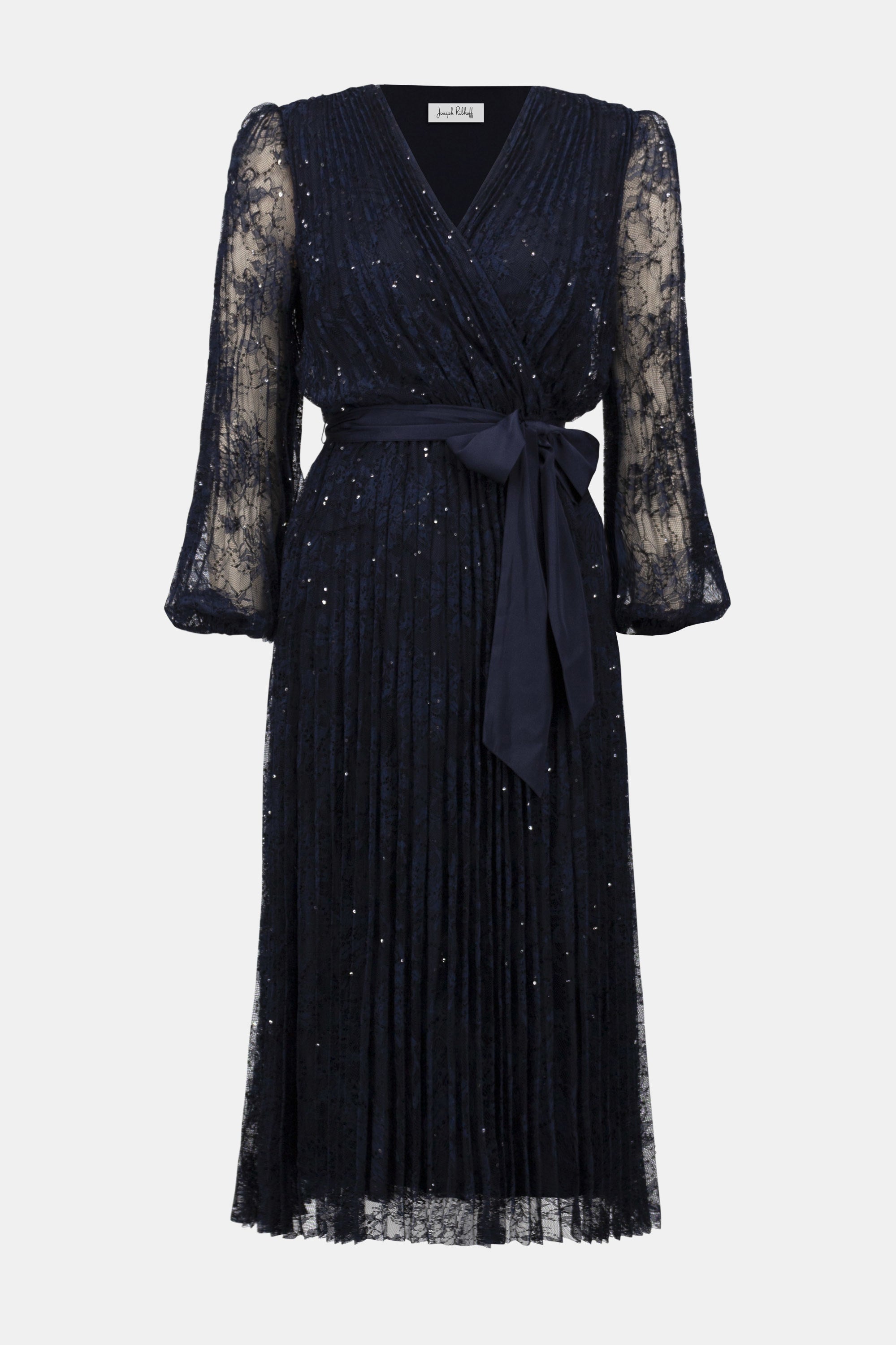 Sequined Pleated Lace Fit and Flare Dress