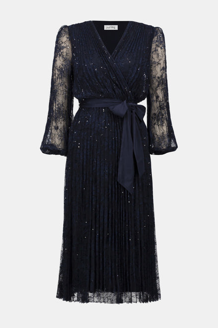 Sequined Pleated Lace Fit and Flare Dress