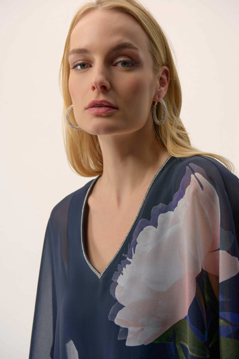 Chiffon & Silky Knit Floral Print Poncho Top