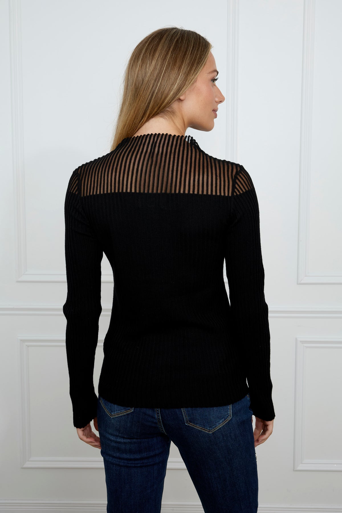 Long Sleeved Embellished Sheer Neckline Pullover 677