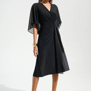 Silky Knit Fit and Flare Dress With Chiffon Draped Sash 754
