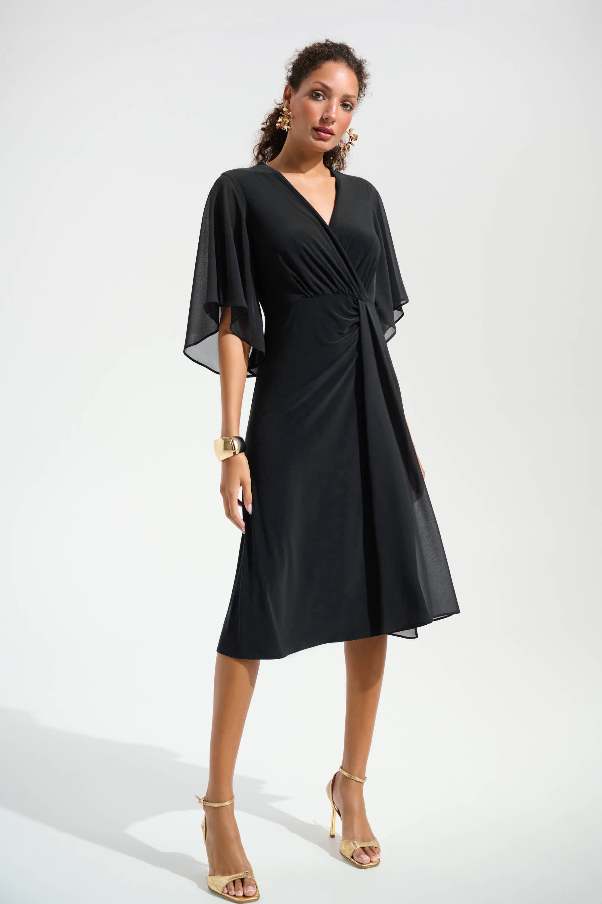 Silky Knit Fit and Flare Dress With Chiffon Draped Sash 754