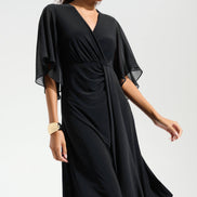 Silky Knit Fit and Flare Dress With Chiffon Draped Sash 754