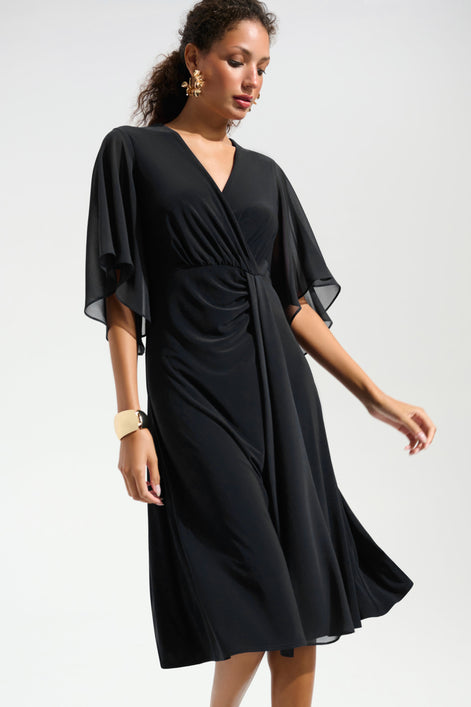 Silky Knit Fit and Flare Dress With Chiffon Draped Sash 754
