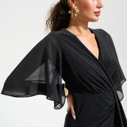Silky Knit Fit and Flare Dress With Chiffon Draped Sash 754