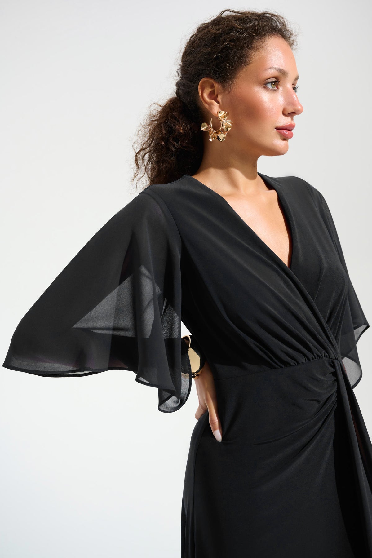 Silky Knit Fit and Flare Dress With Chiffon Draped Sash 754