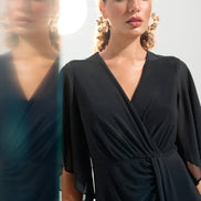 Silky Knit Fit and Flare Dress With Chiffon Draped Sash 754