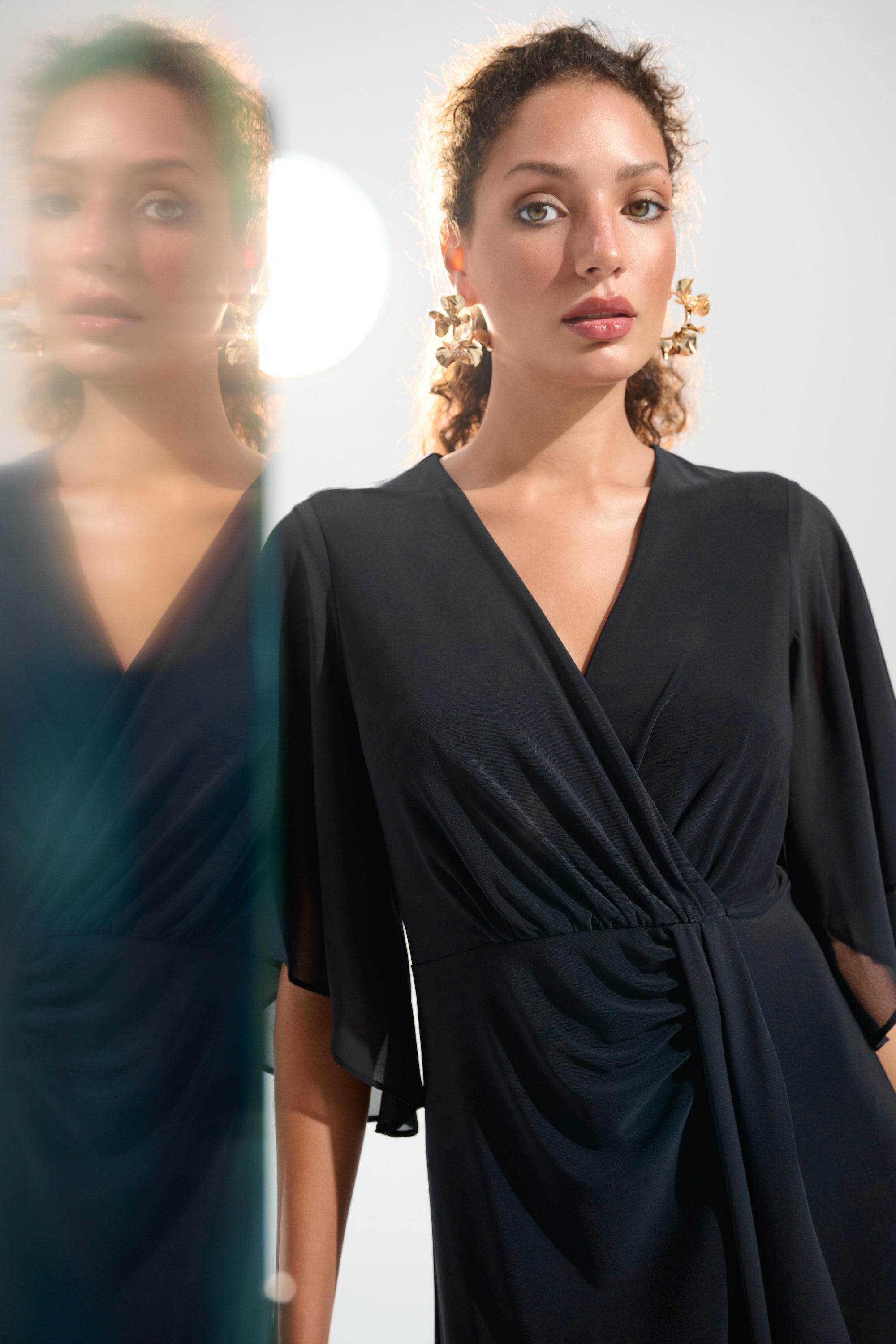 Silky Knit Fit and Flare Dress With Chiffon Draped Sash 754