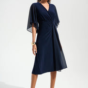 Silky Knit Fit and Flare Dress With Chiffon Draped Sash 754
