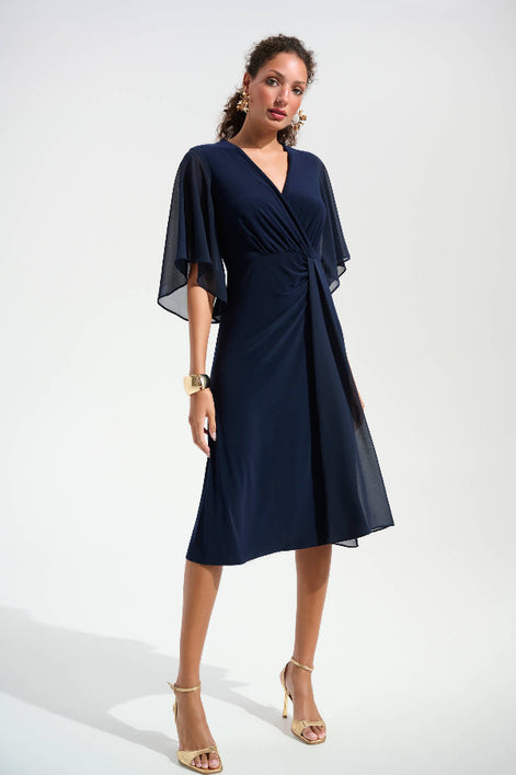 Silky Knit Fit and Flare Dress With Chiffon Draped Sash 754