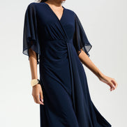 Silky Knit Fit and Flare Dress With Chiffon Draped Sash 754