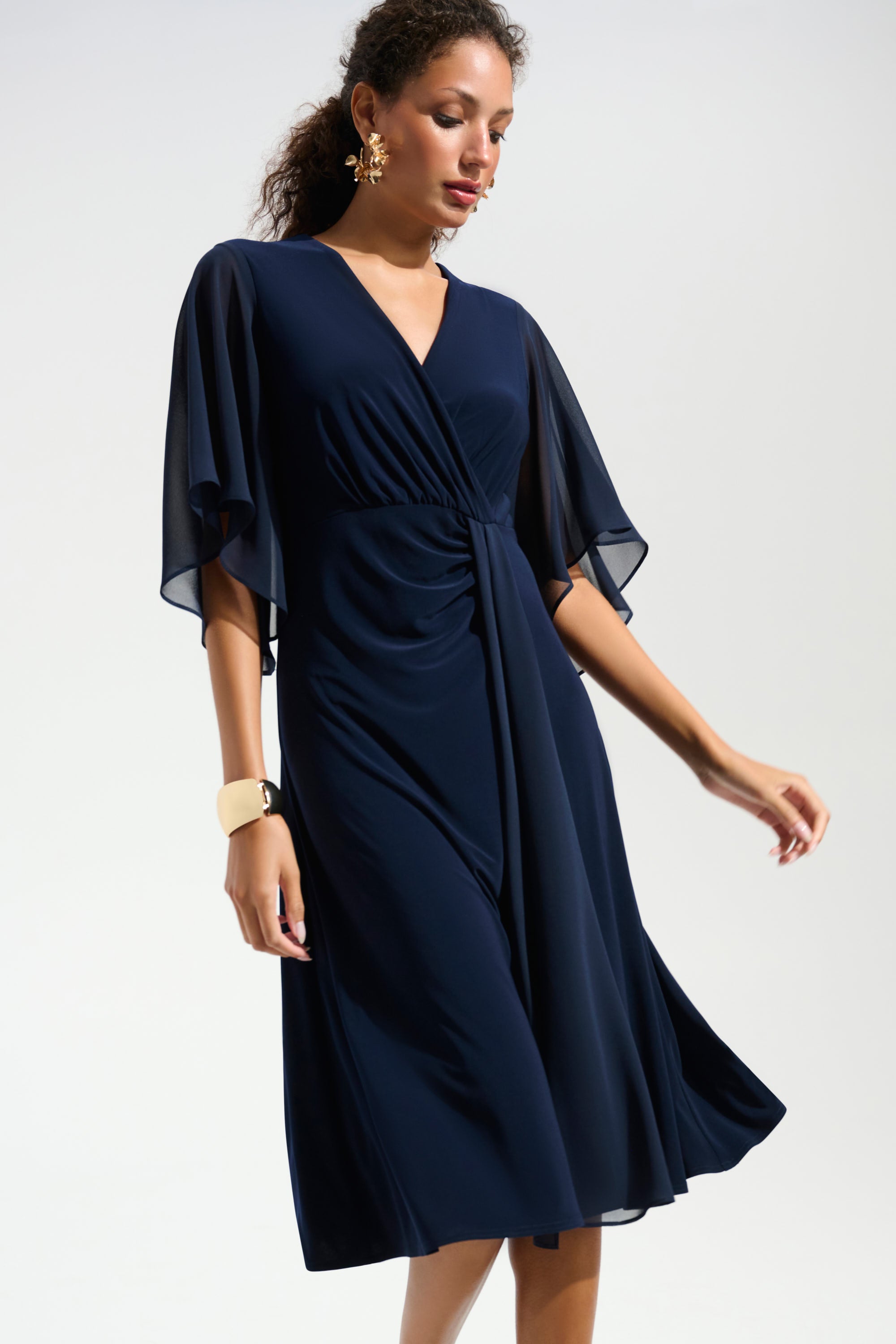 Silky Knit Fit and Flare Dress With Chiffon Draped Sash 754