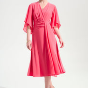 Silky Knit Fit and Flare Dress With Chiffon Draped Sash 754