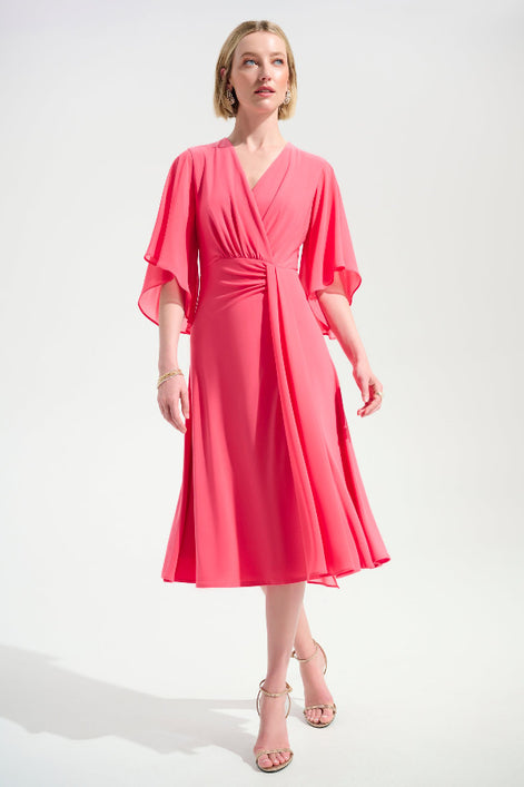 Silky Knit Fit and Flare Dress With Chiffon Draped Sash 754