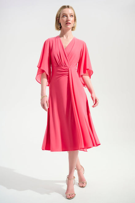 Silky Knit Fit and Flare Dress With Chiffon Draped Sash 754