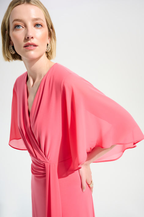 Silky Knit Fit and Flare Dress With Chiffon Draped Sash 754