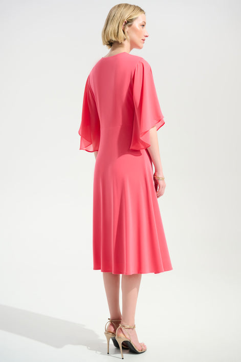 Silky Knit Fit and Flare Dress With Chiffon Draped Sash 754