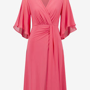 Silky Knit Fit and Flare Dress With Chiffon Draped Sash 754