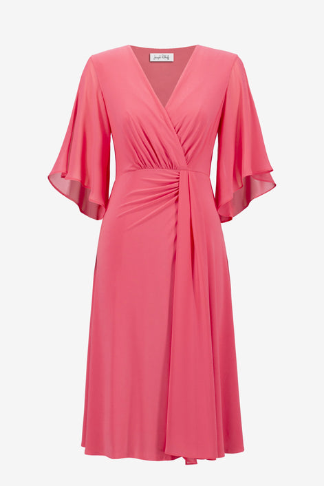 Silky Knit Fit and Flare Dress With Chiffon Draped Sash 754