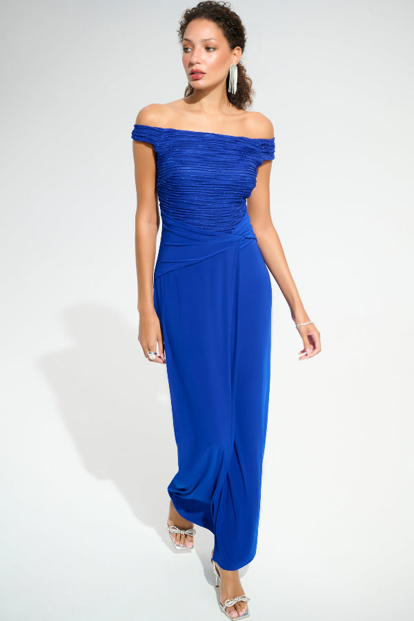 Silky Knit And Cascade Off-Shoulder Sheath Gown 791