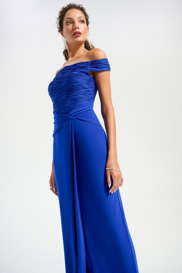 Silky Knit And Cascade Off-Shoulder Sheath Gown 791