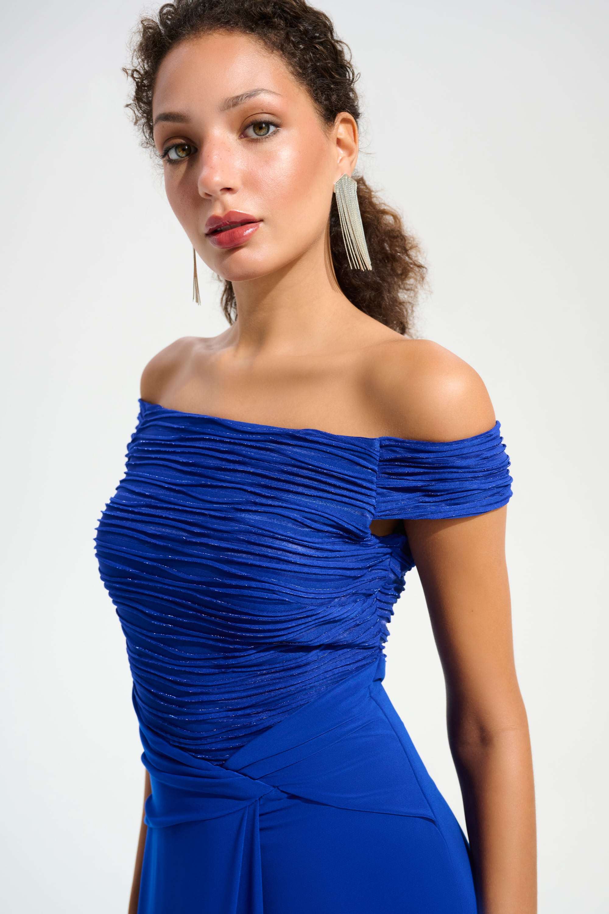 Silky Knit And Cascade Off-Shoulder Sheath Gown 791
