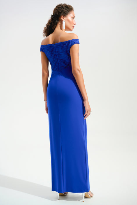 Silky Knit And Cascade Off-Shoulder Sheath Gown 791