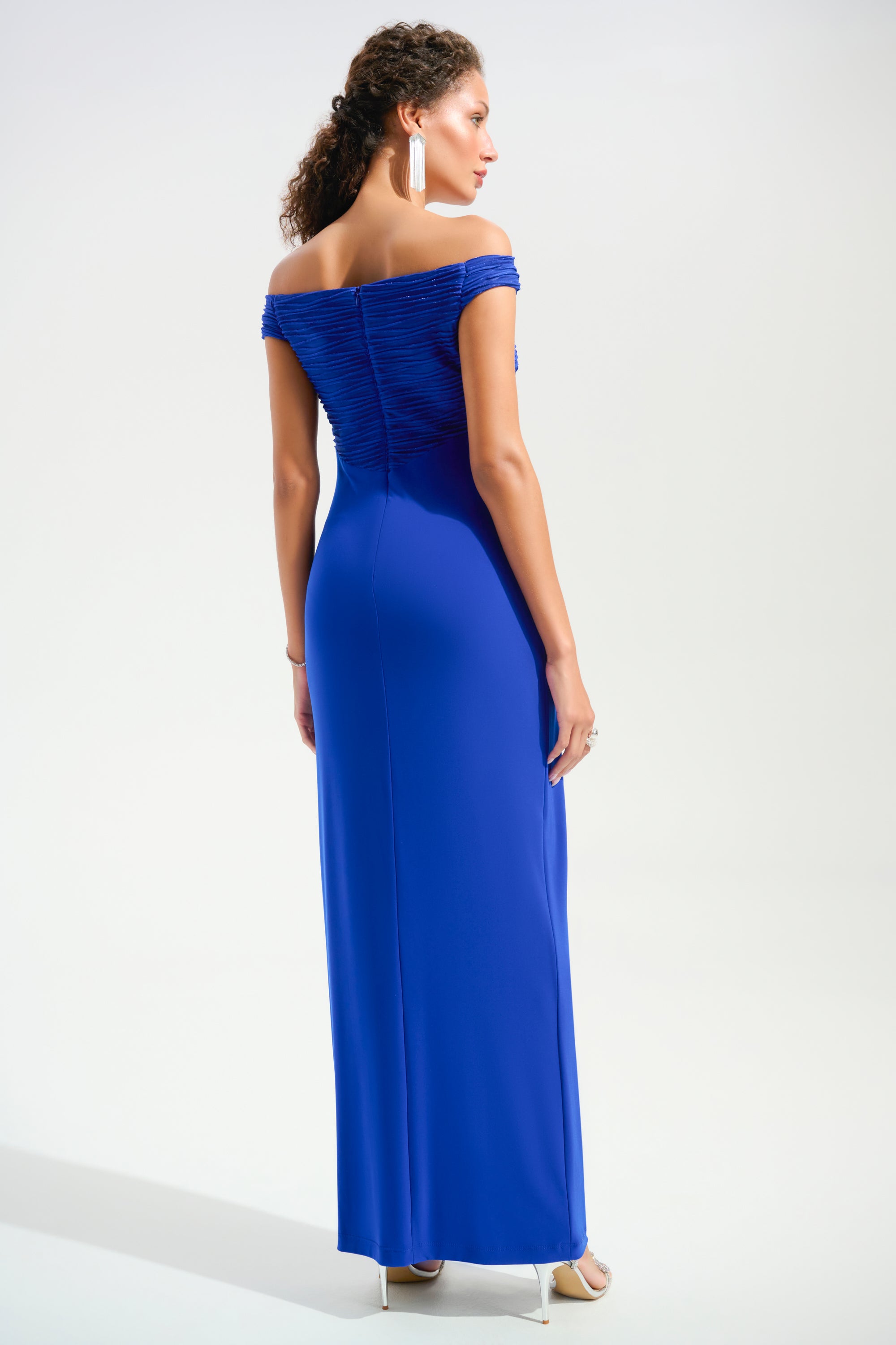 Silky Knit And Cascade Off-Shoulder Sheath Gown 791