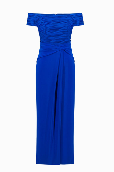 Silky Knit And Cascade Off-Shoulder Sheath Gown 791