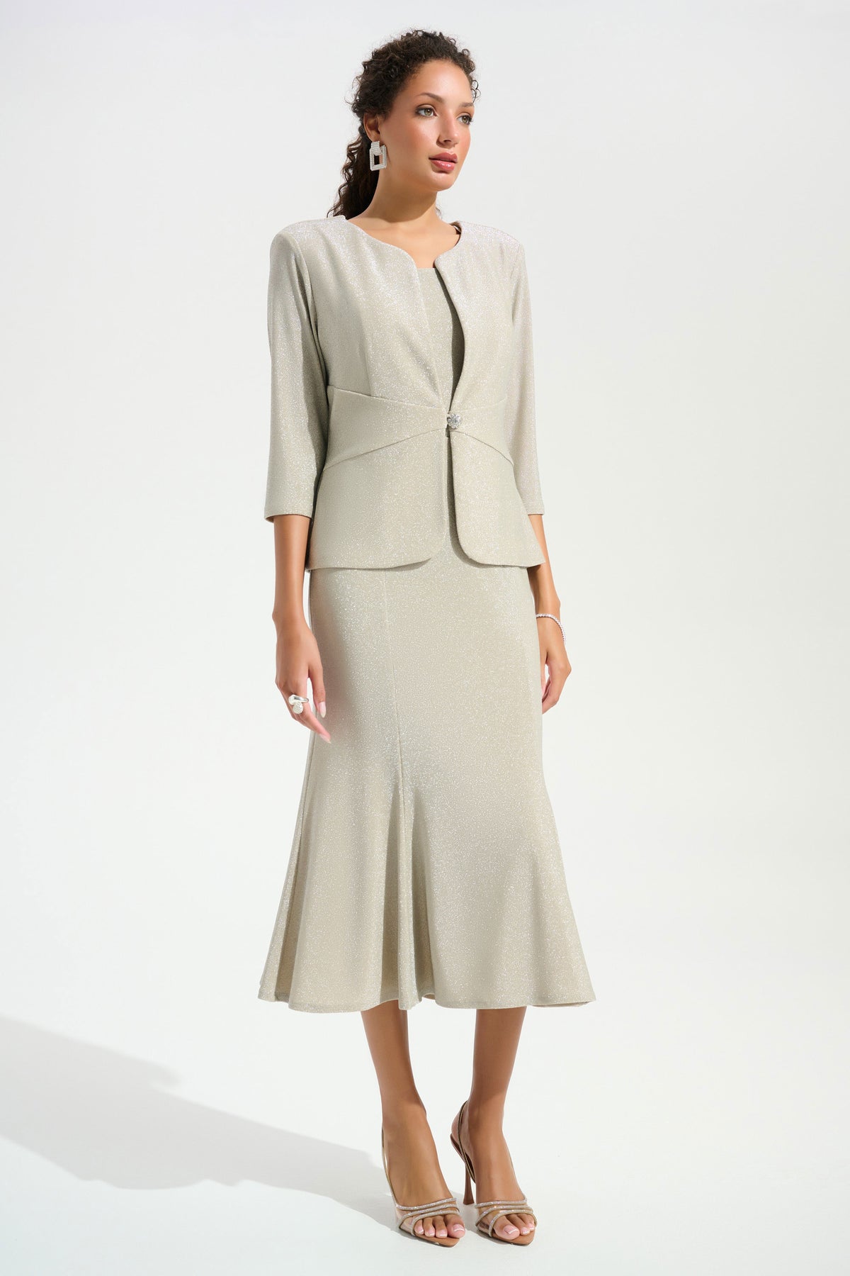Sparkle Knit Fitted Jacket And Cami Set With Rhinestones Button 696