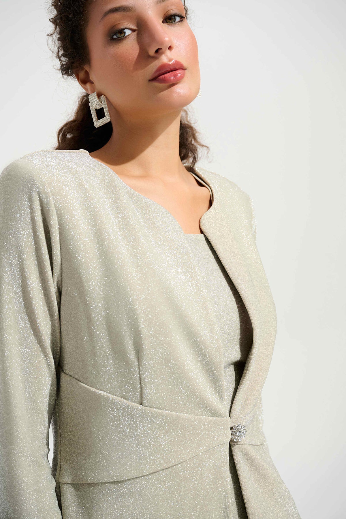 Sparkle Knit Fitted Jacket And Cami Set With Rhinestones Button 696