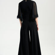 Silky Knit Wide Leg Jumpsuit With Chiffon Sleeves 760