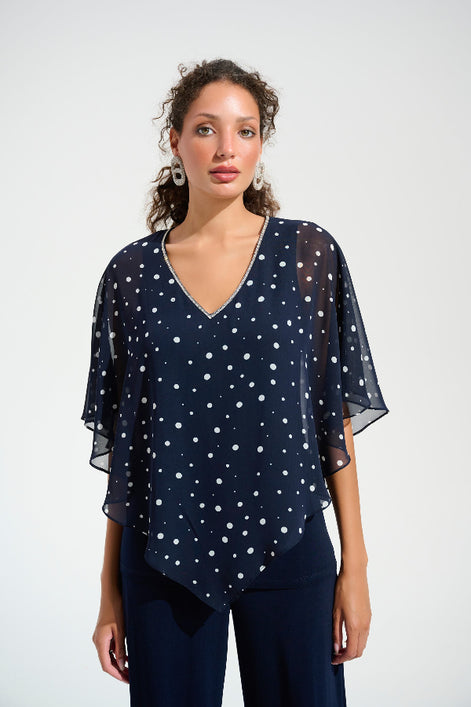 Silky Knit Dot Print Poncho With Rhinestones Trim 751