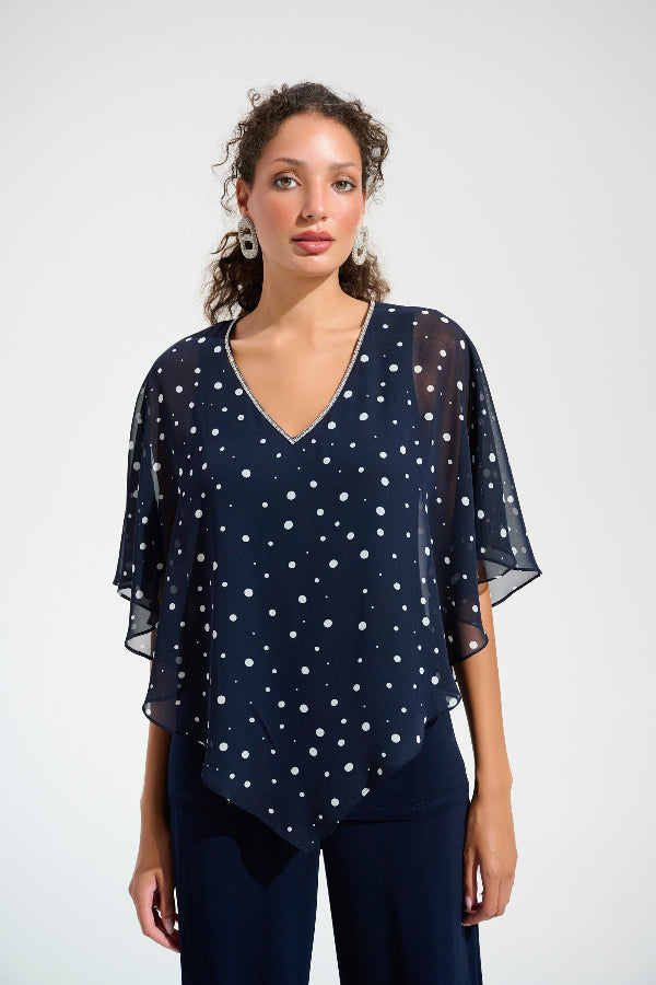 Silky Knit Dot Print Poncho With Rhinestones Trim 751