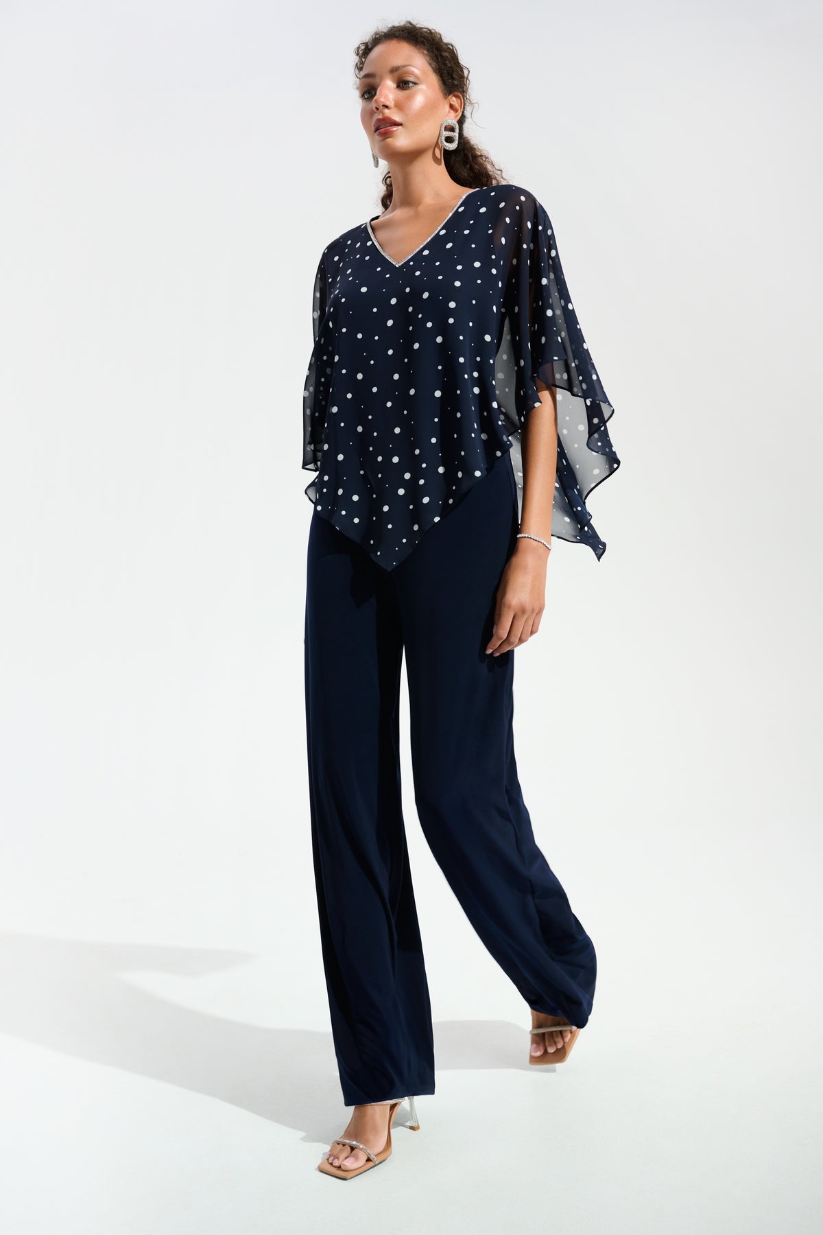 Silky Knit Dot Print Poncho With Rhinestones Trim 751