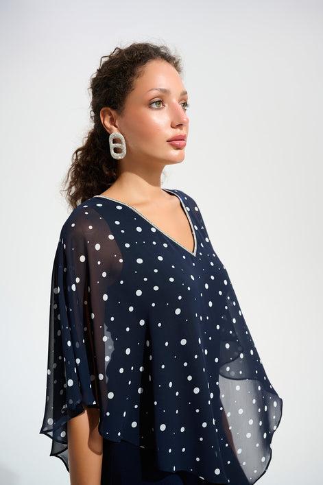 Silky Knit Dot Print Poncho With Rhinestones Trim 751