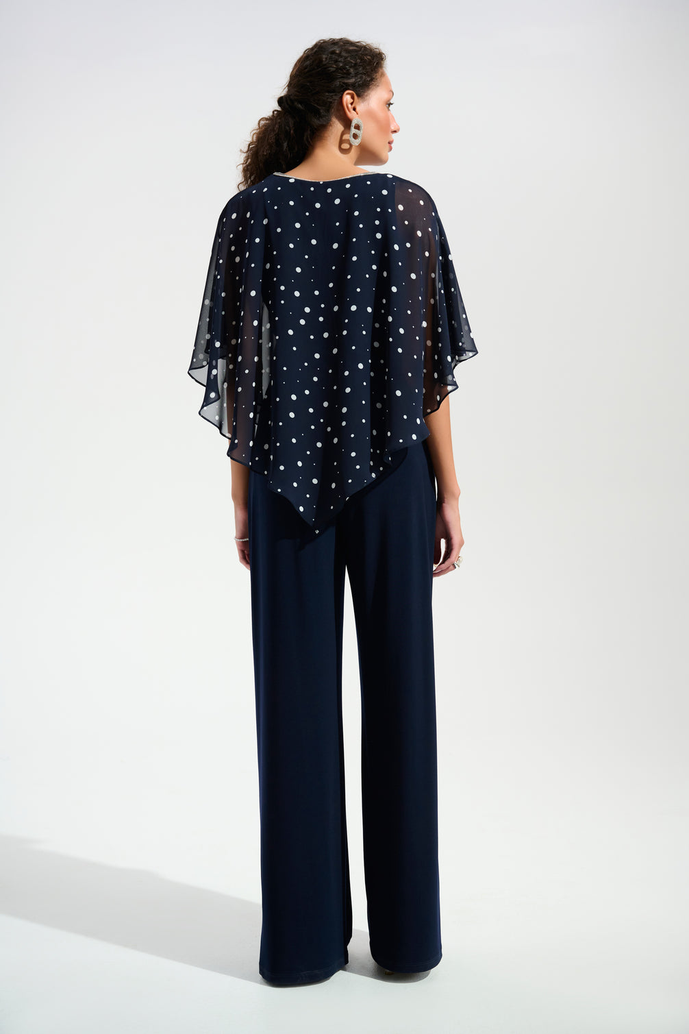 Silky Knit Dot Print Poncho With Rhinestones Trim 751