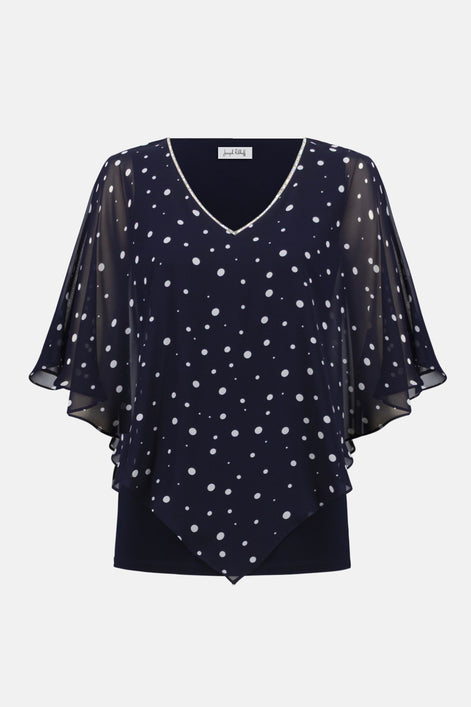 Silky Knit Dot Print Poncho With Rhinestones Trim 751