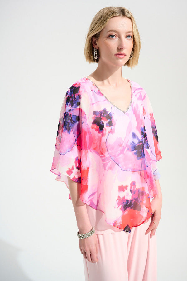 Silky Knit Floral Print Poncho With Chiffon Layer 759