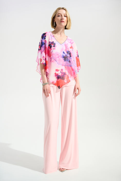 Silky Knit Floral Print Poncho With Chiffon Layer 759
