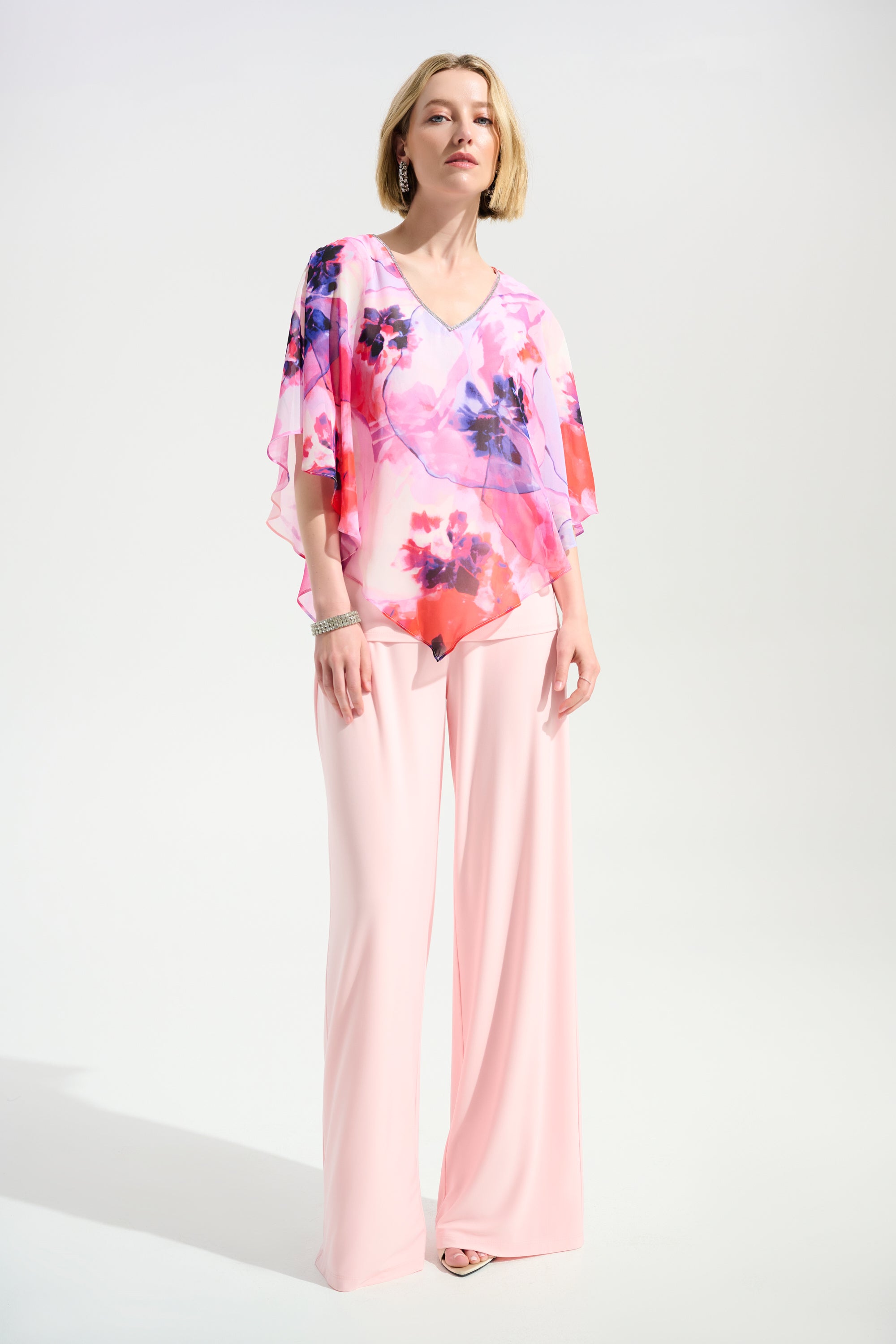 Silky Knit Floral Print Poncho With Chiffon Layer 759