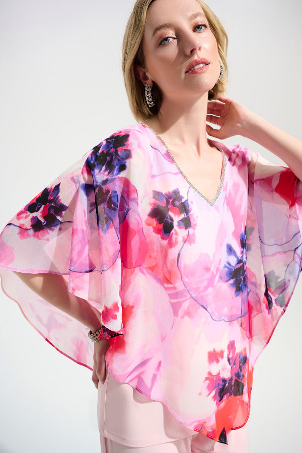 Silky Knit Floral Print Poncho With Chiffon Layer 759