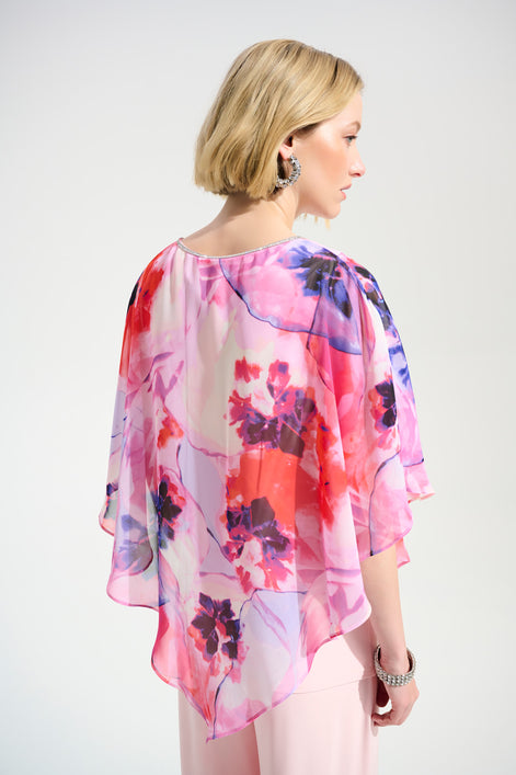 Silky Knit Floral Print Poncho With Chiffon Layer 759