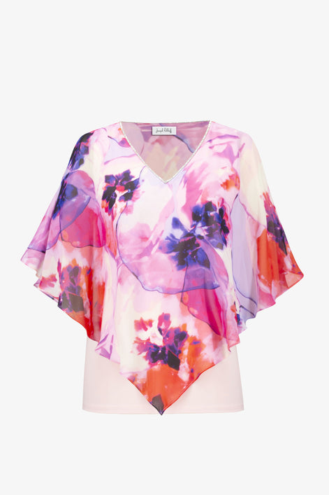 Silky Knit Floral Print Poncho With Chiffon Layer 759