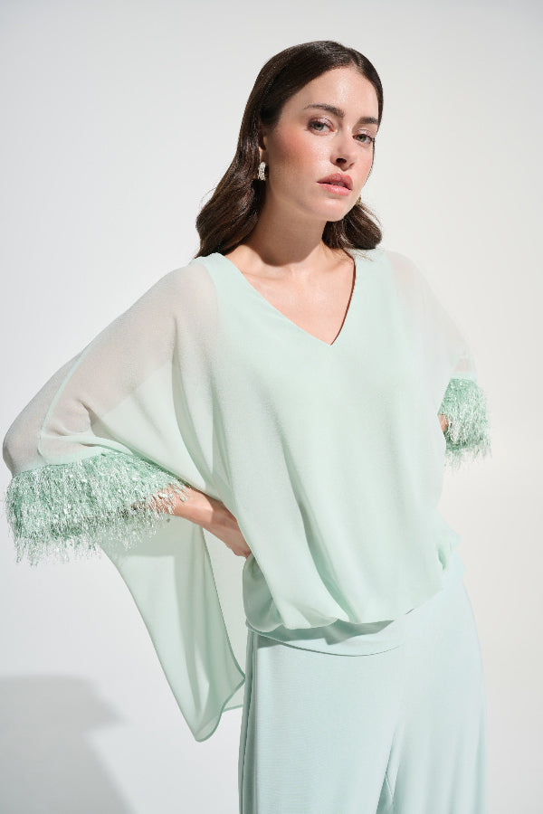 Chiffon Knit Poncho Top With Novelty Trim 787