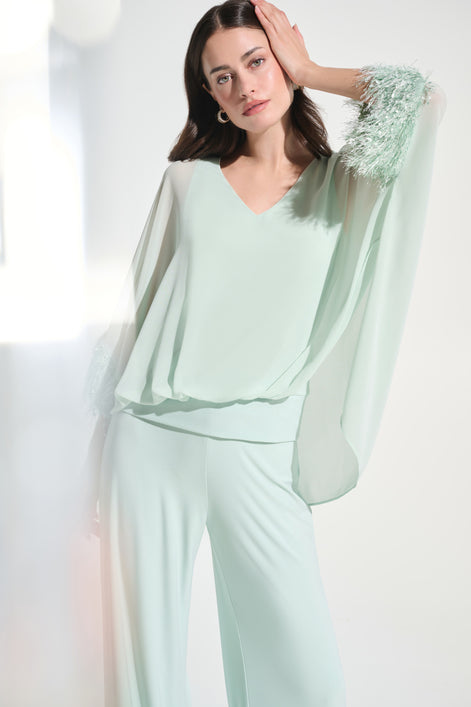 Chiffon Knit Poncho Top With Novelty Trim 787