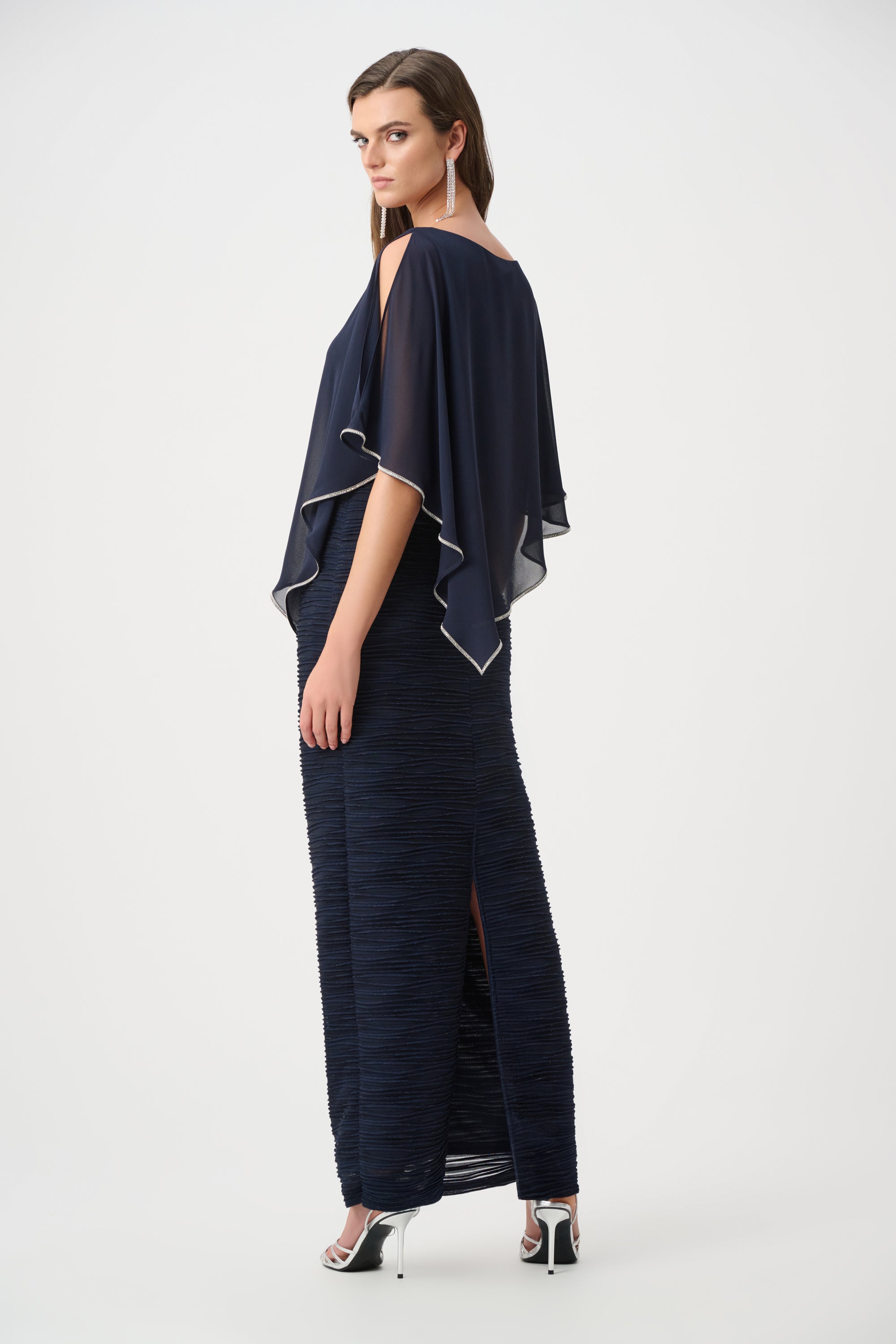 Sparkle Cascade Gown With Chiffon Poncho Overlay 835
