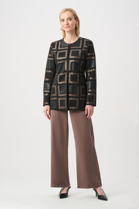 Leatherette and Scuba Collarless Two-Tone Jacket 834