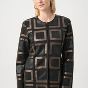 Leatherette and Scuba Collarless Two-Tone Jacket 834